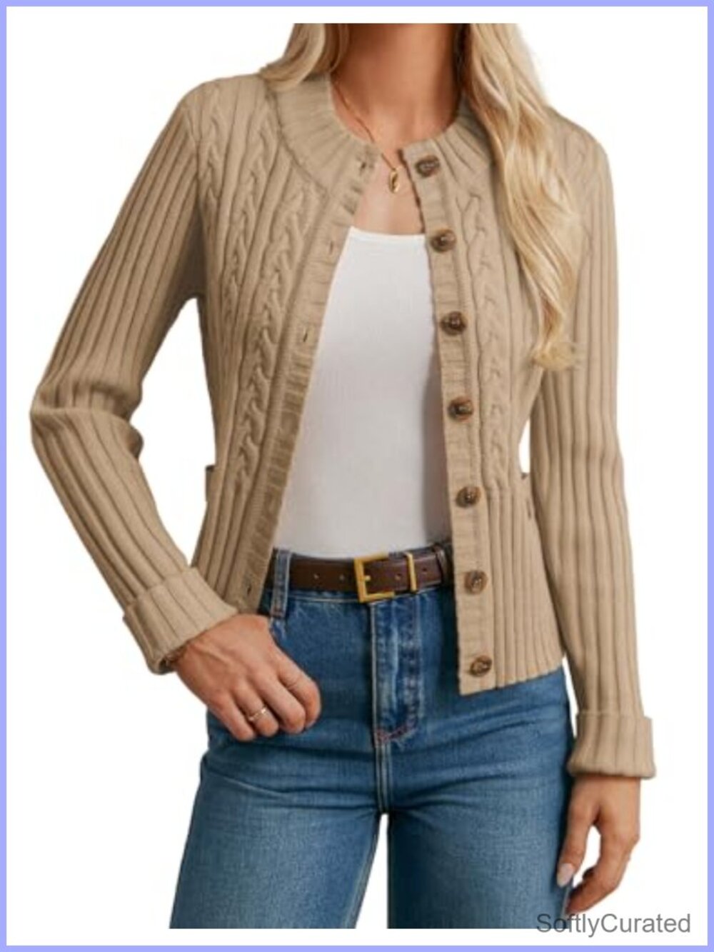 Women Button Up Cable Knit Cardigan Cropped Chunky Sweater
